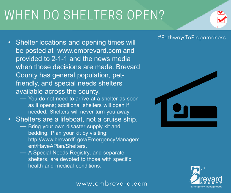 Shelters: shelter locations and opening times will be posted on www.embrevard.com & provided to news