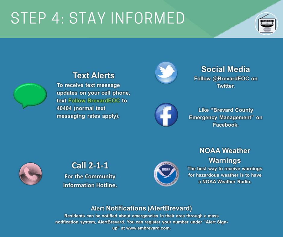 Stay informed: receive text alerts, call 2-1-1, follow on social or join Alert Brevard